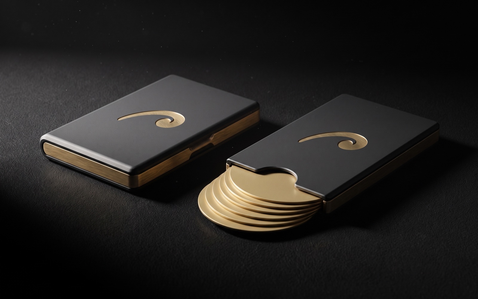 Two machined cases: one closed and sealed, one open with gold discs sliding out.